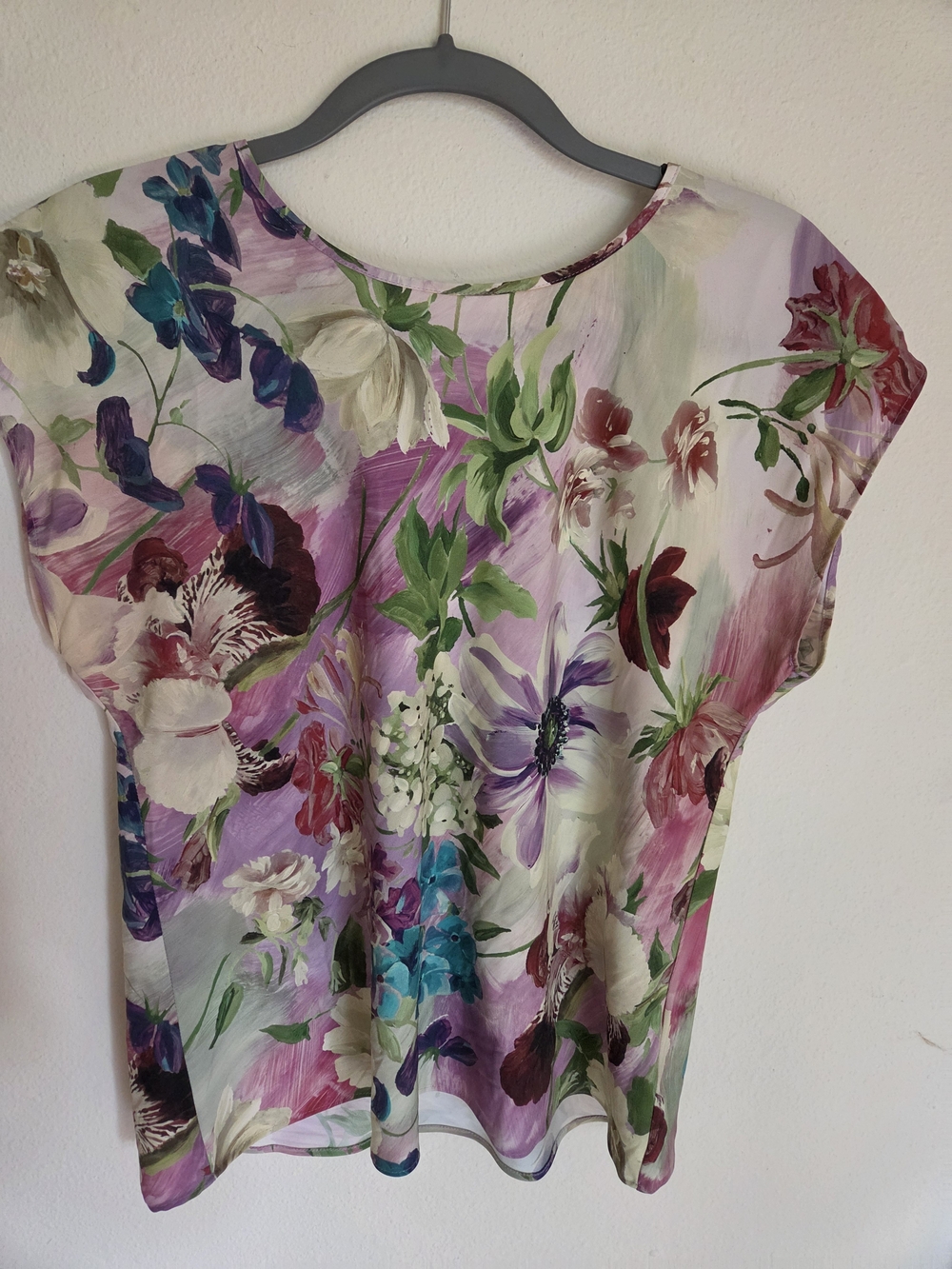 Express Floral Cap Sleeve Blouse in Purple, Green, Blue and Cream